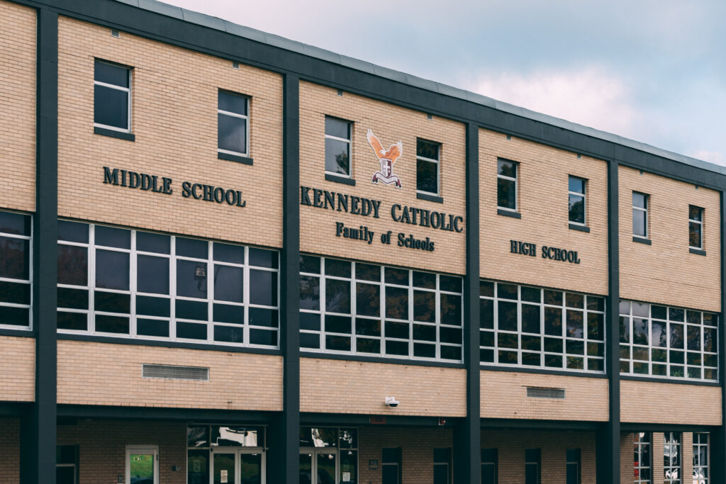 Close up view of the building exterior of Kennedy Catholic Family of Schools
