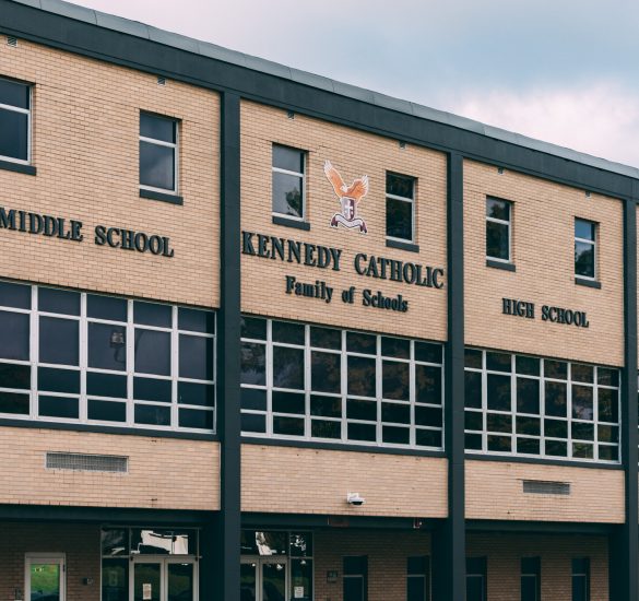 Close up view of the building exterior of Kennedy Catholic Family of Schools